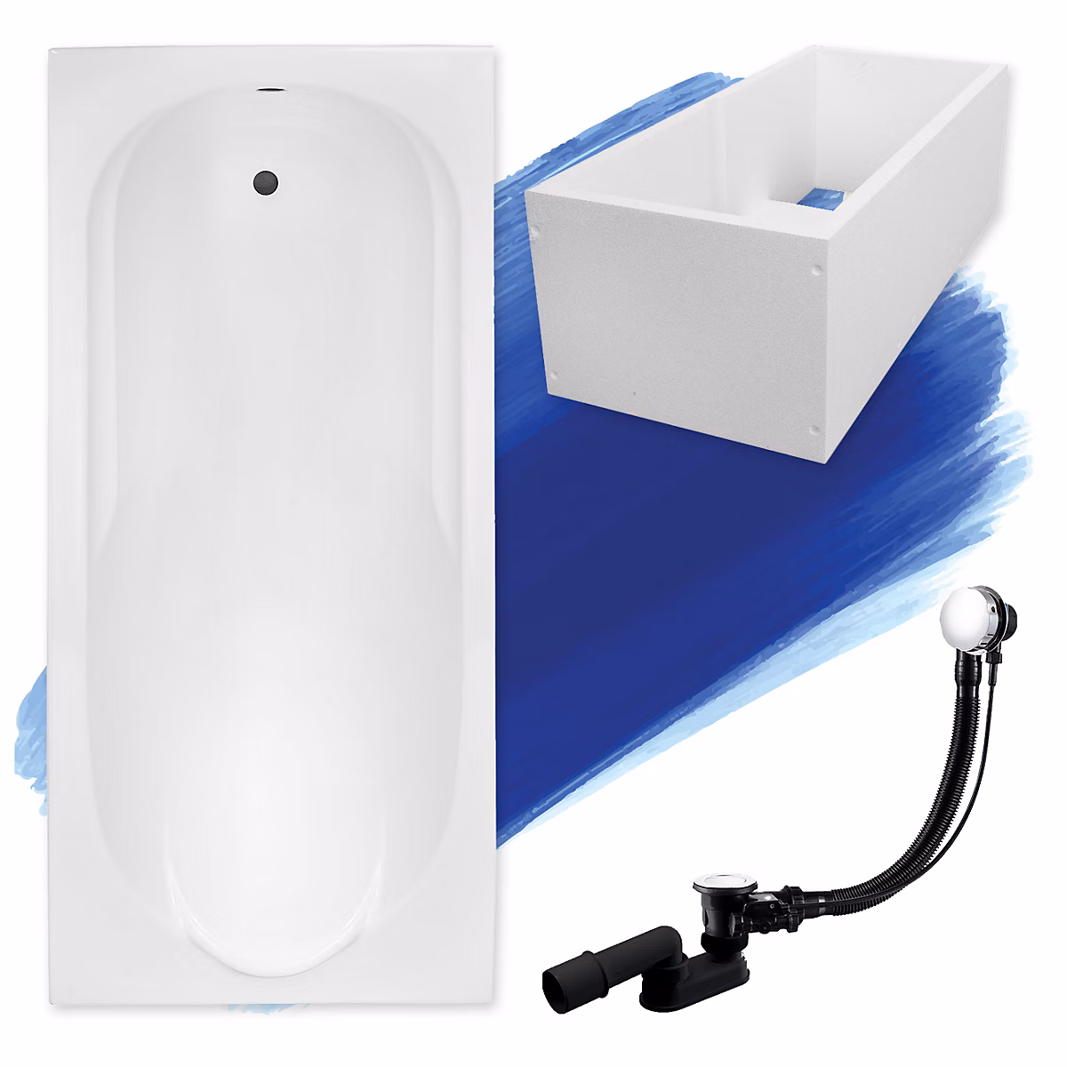 Baignoire rectangulaire 190 × 80 BONA acrylique blanc + Support stabilisateur en polystyrène + Pieds + Vidage à chromé