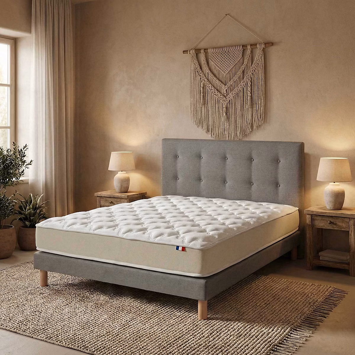 Ensemble 140 × 190 tête de lit Matelas polylatex sommier gris