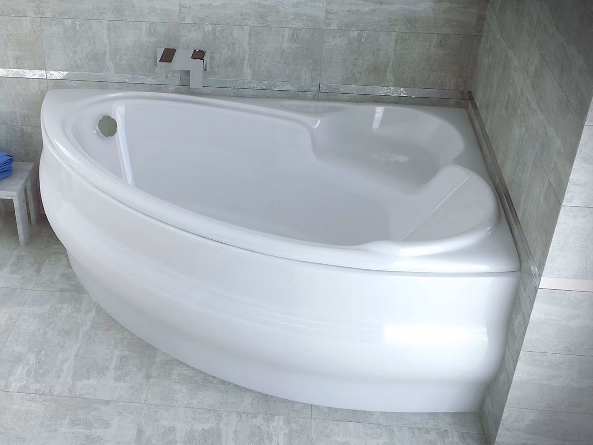 Baignoire asymétrique 155 × 95 Droite FINEZJA acrylique blanc + avec Tablier + Pieds + Vidage à chromé