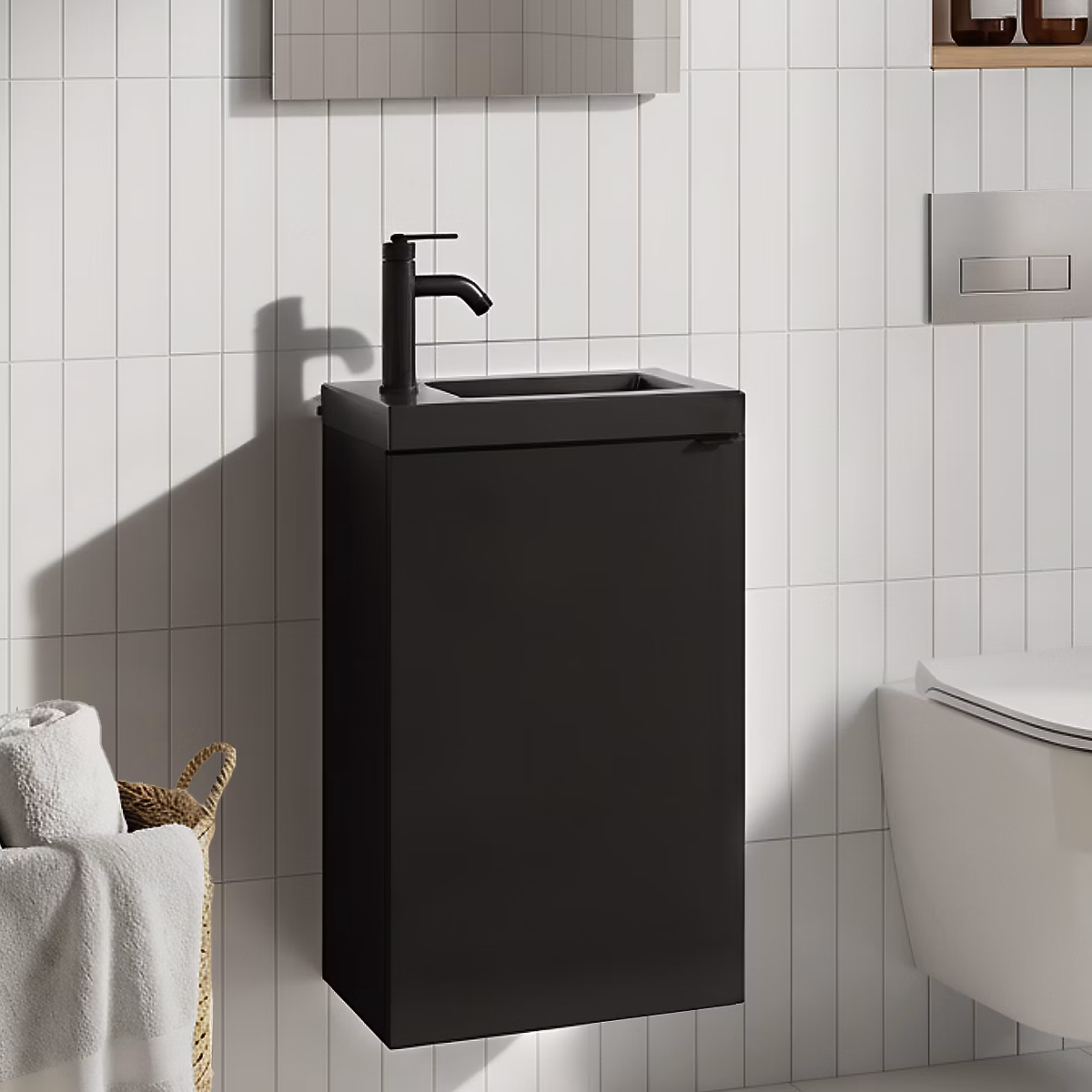 Meuble lave-mains suspendu noir mat l.44 cm Imandra + plan vasque noir céramique Nira – GoodHome