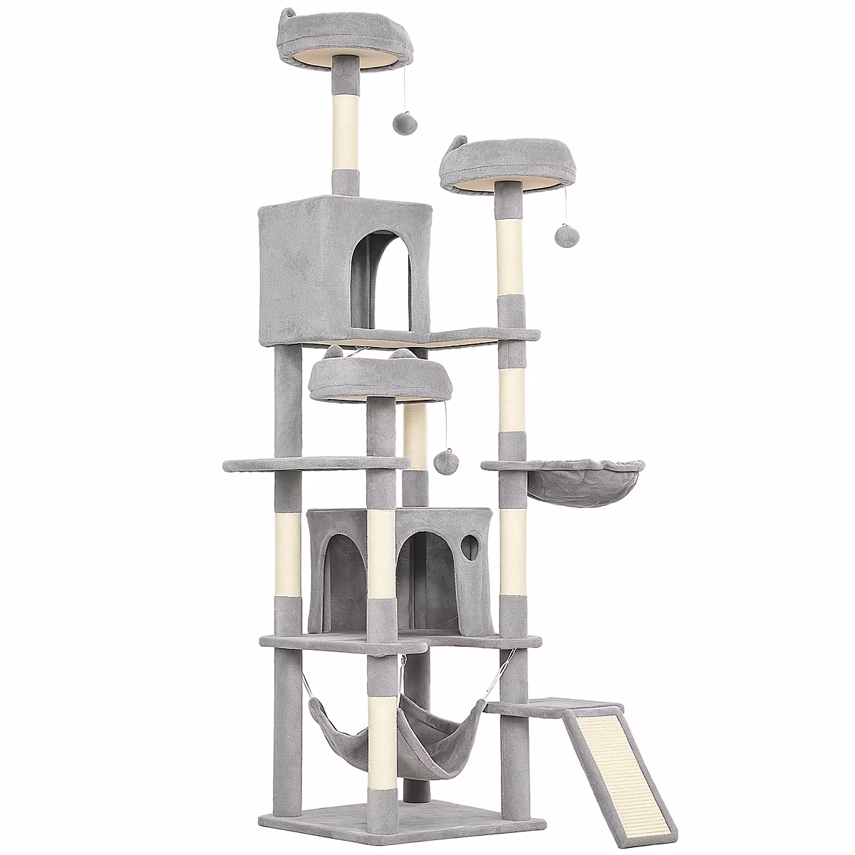Arbre à chat design XXL gris clair multi-activités – zones de repos, griffoirs, grattoir, H.192 cm
