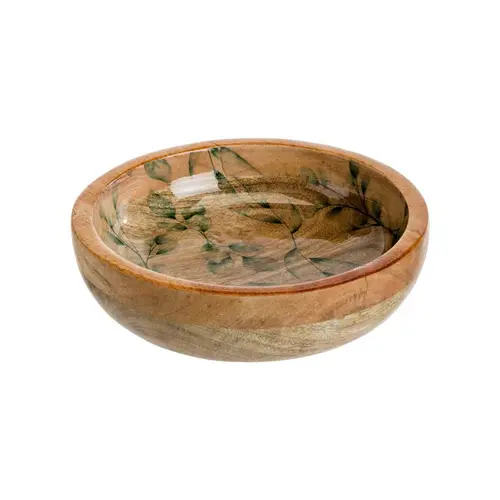 Jardin & déco:Coupe en bois de manguier à décor de feuillage vert - Ø 20 x H 5 cm