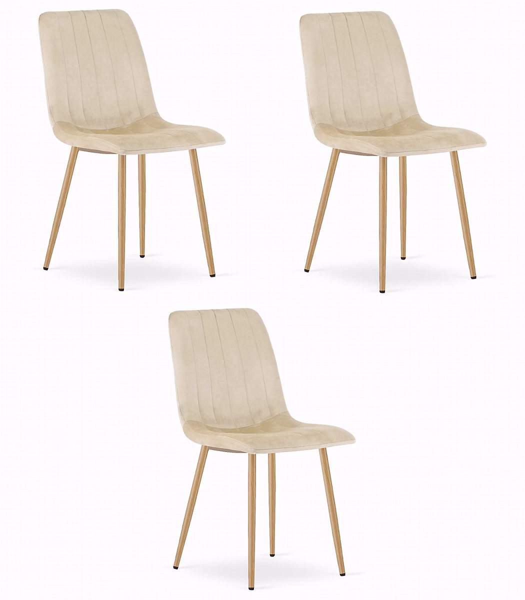 Chaise Valora JEWA en velours beige clair – pieds couleur bois x3