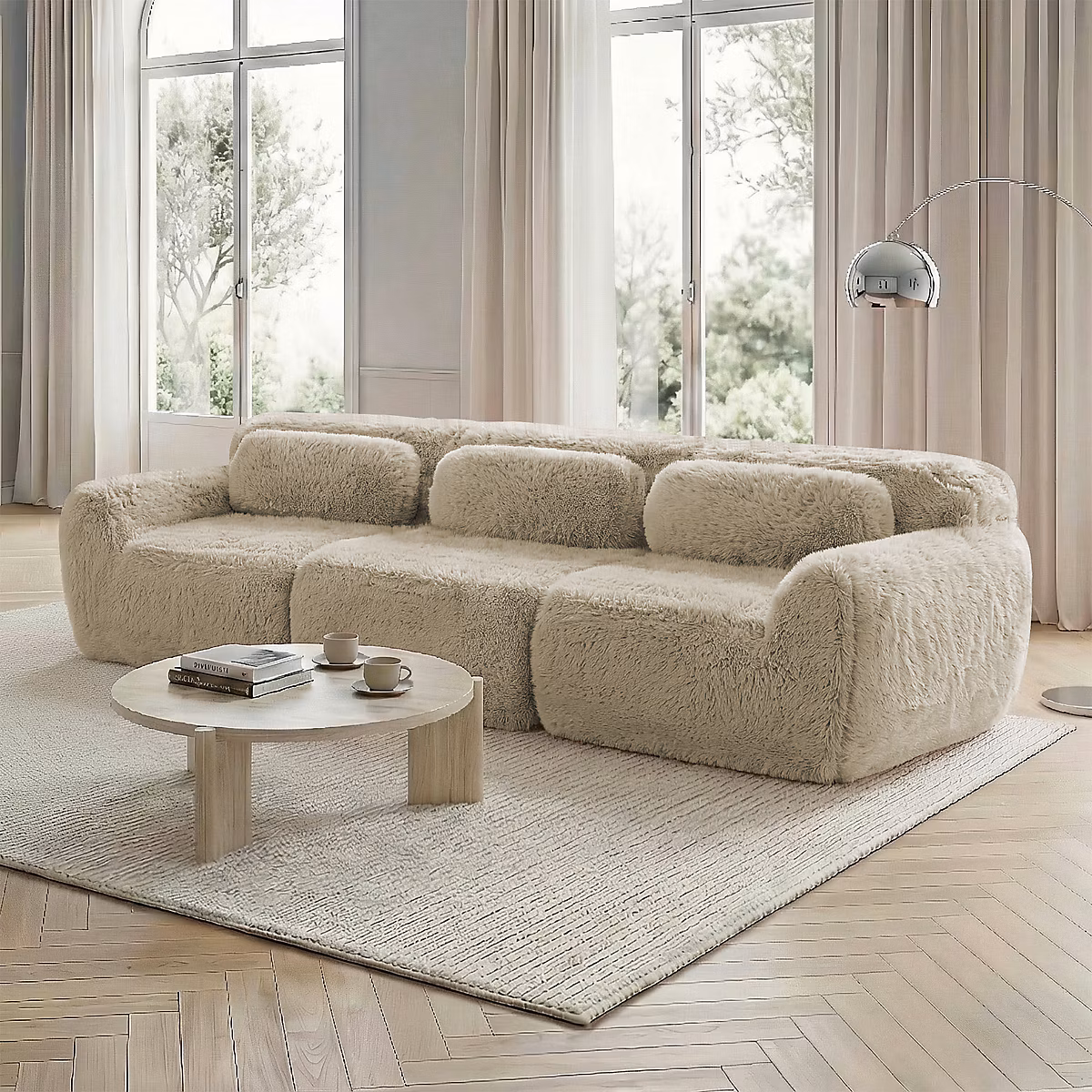 Canapé 3 places – modulaire,tissu peluche,khaki clair,confort ergonomique