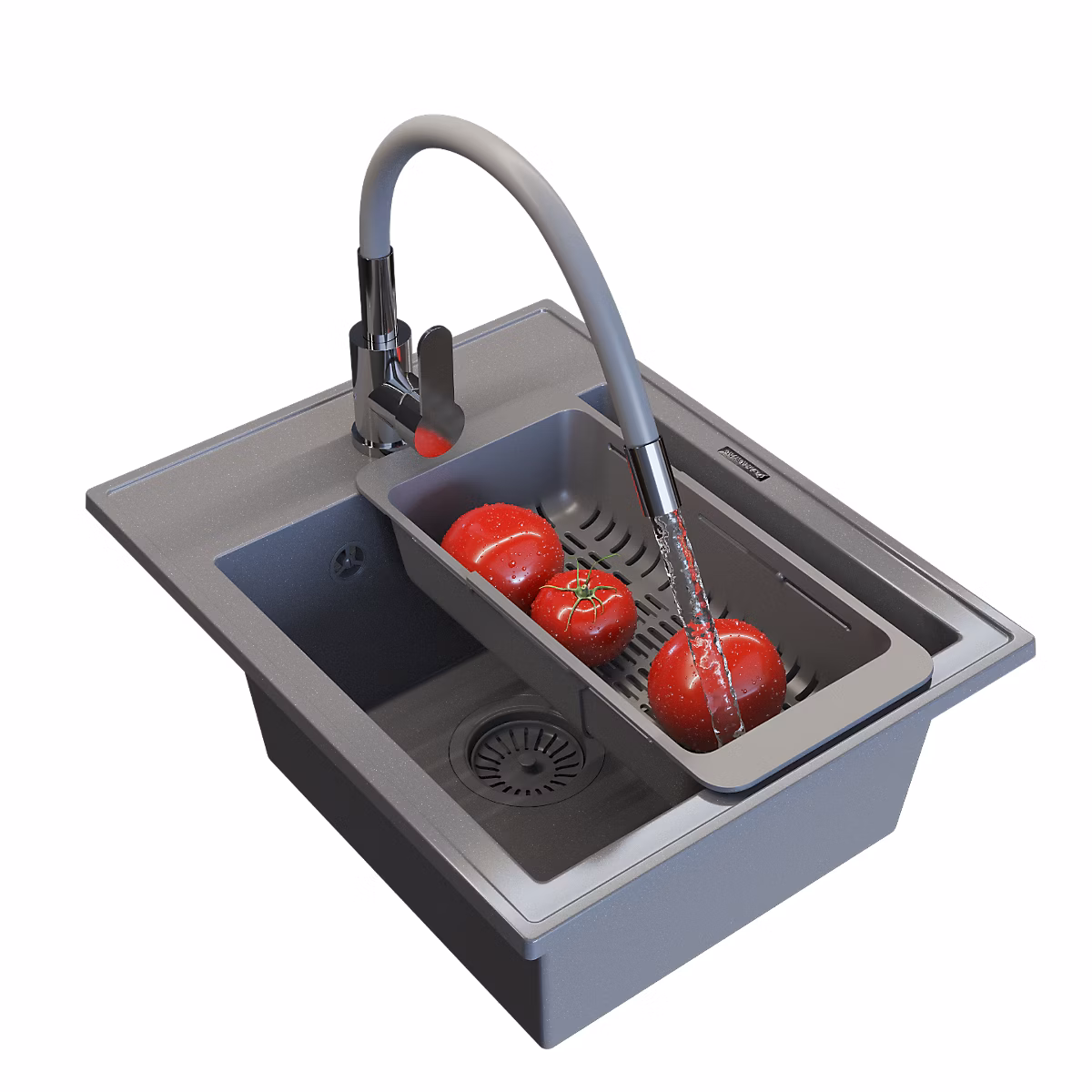 Évier en Granit Granitan Nero 1 Bac avec Siphon – Panier et Mitigeur Grado Gris, 1 Ensemble