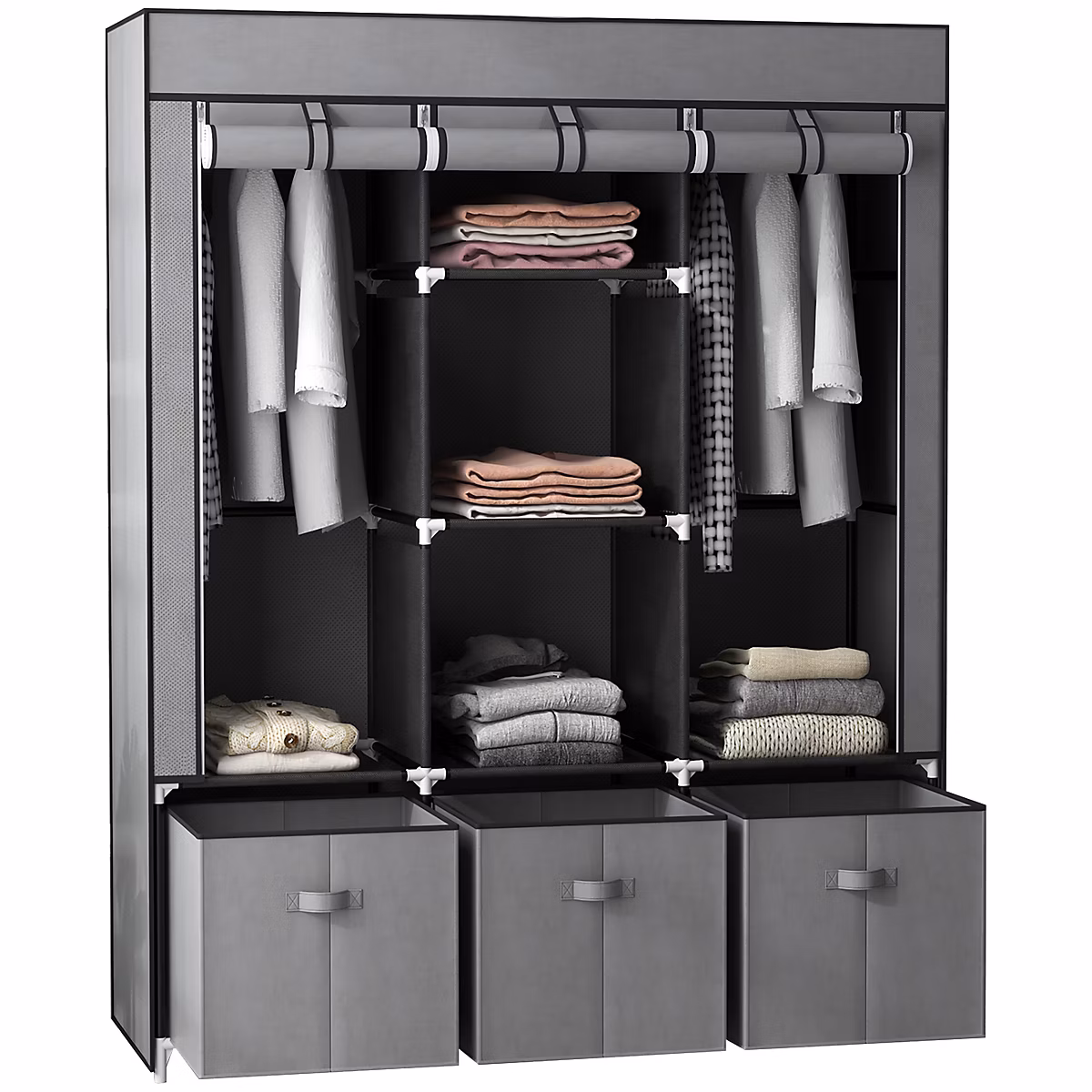 Armoire penderie pliable 5 étagères 2 tringles 3 tiroirs tissu gris – Réf. KBIBWMSQS3837860937