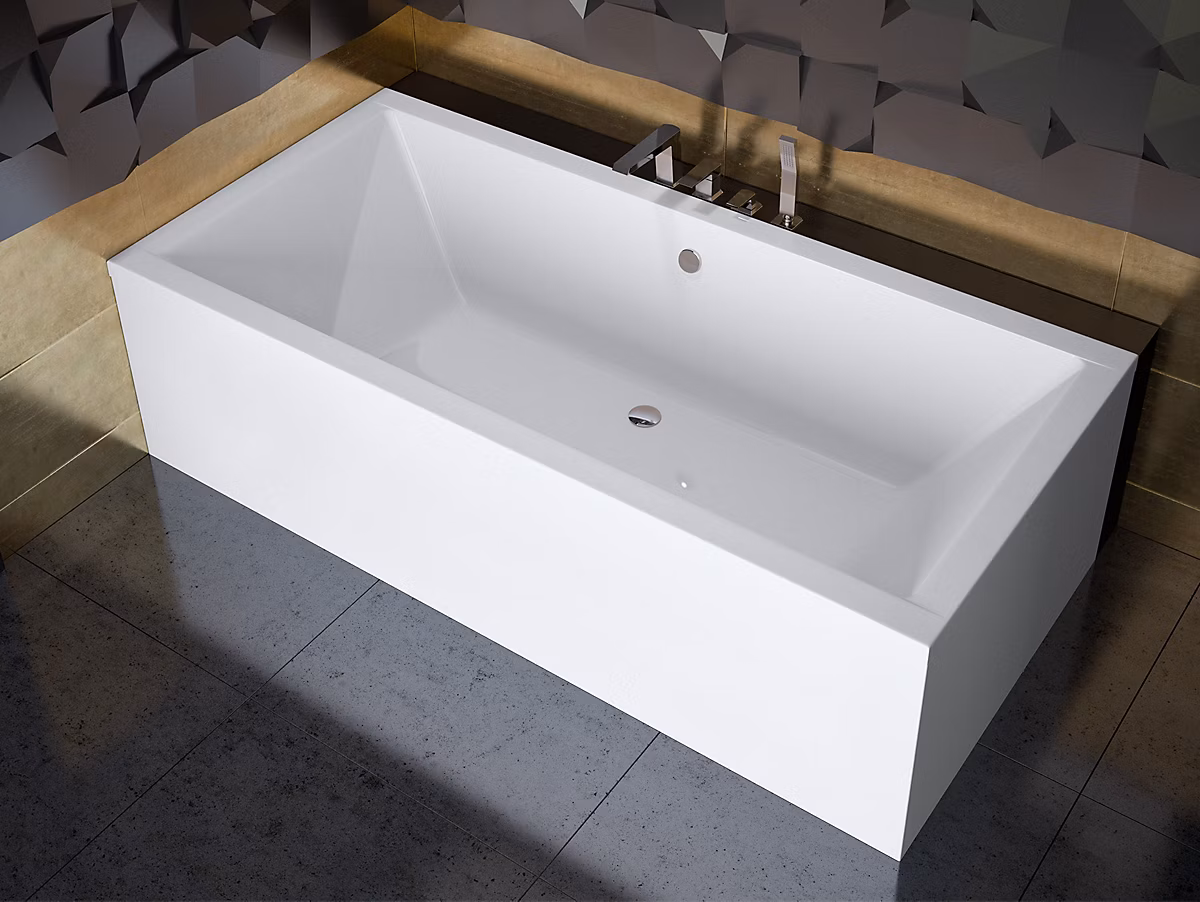 Baignoire rectangulaire 175 x 80 QUADRO acrylique blanc + avec Tablier + Pieds + Vidage à chromé | Baignoire