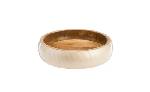 Pour votre extérieur:Saladier plat en bois de manguier naturel émaillé ivoire - Ø 25 x H 7 cm