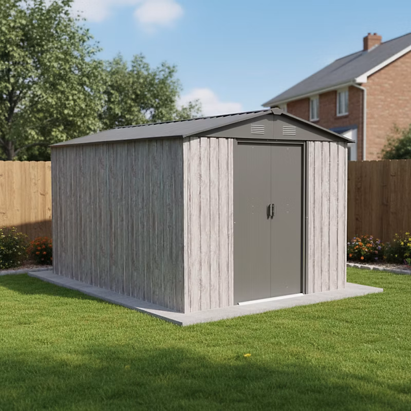 Abri de jardin métal beige 7 – 15m² avec porte coulissante et kit d'ancrage X-Metal
