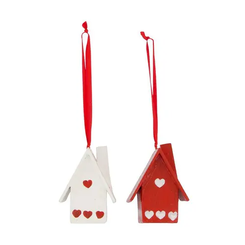 Jardin et loisirs:Décoration à suspendre maison en papier mâché rouge et blanche - 10 x 5 x 8 cm