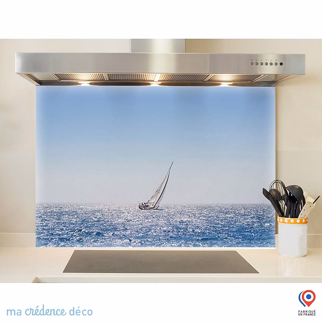 Crédence cuisine fond de hotte Mer et bateau – Alu composite | L 90 cm x H 70 cm | MaCrédenceDéco