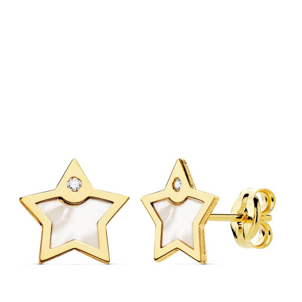 L'ATELIER D'AZUR Boucles d'Oreilles Or 18 Carats 750 Jaune - Nacre et Zirconiums - Etoiles