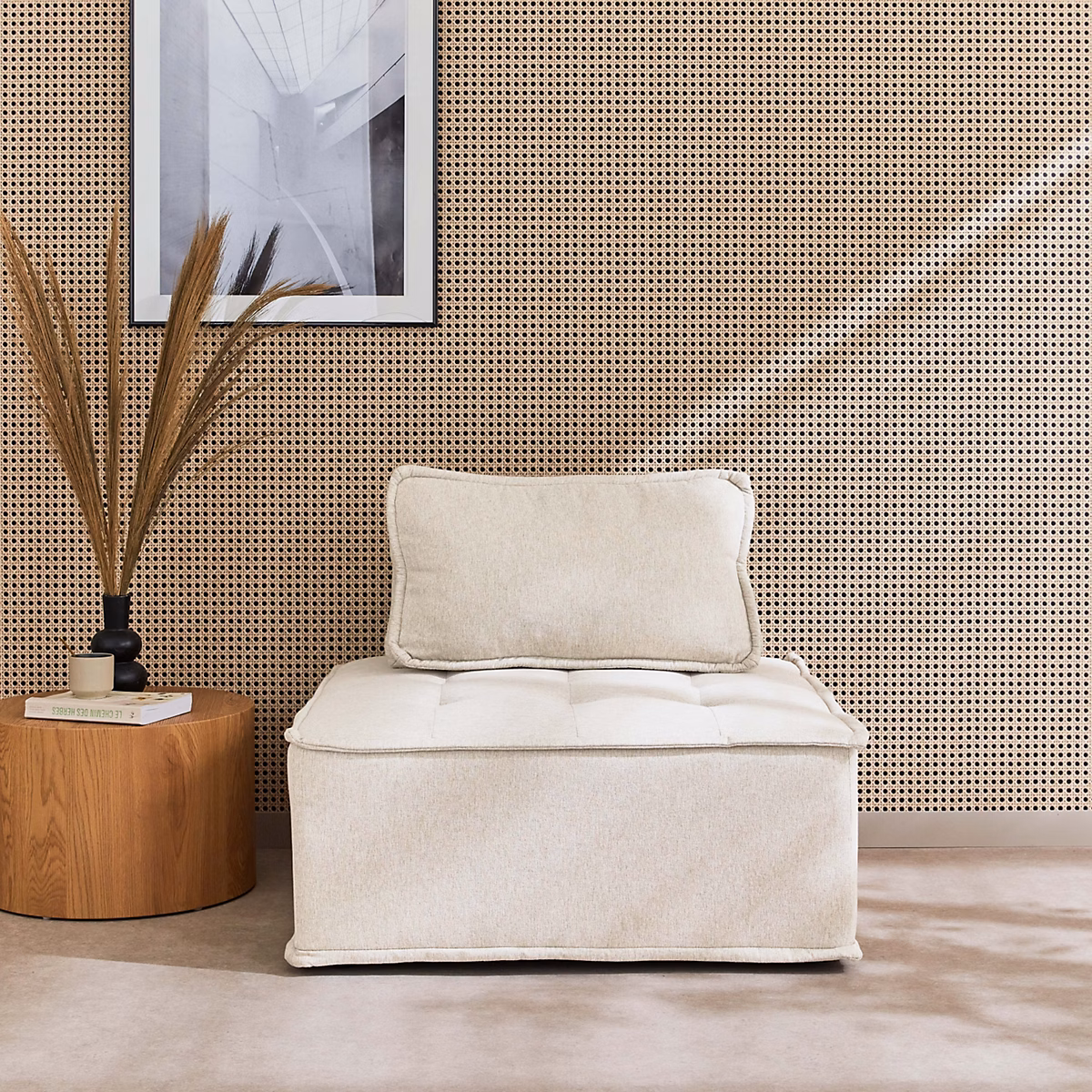 Fauteuil intérieur – Chauffeuse pour canapé modulable tissu capitonné crème avec un coussin