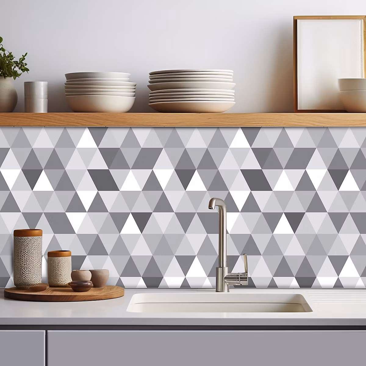 Crédence adhésive triangle blanc et gris – 60 × 300cm