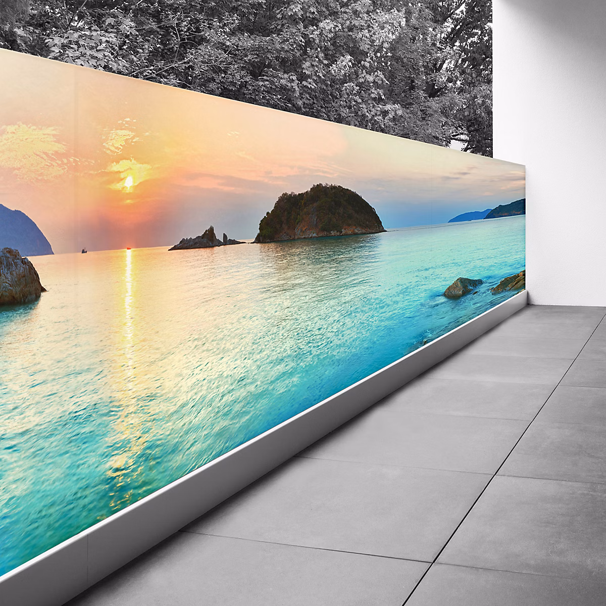 Brise vue Trompe l'oeil – 130 × 552 cm, Vue mer couché de soleil 3617689699295