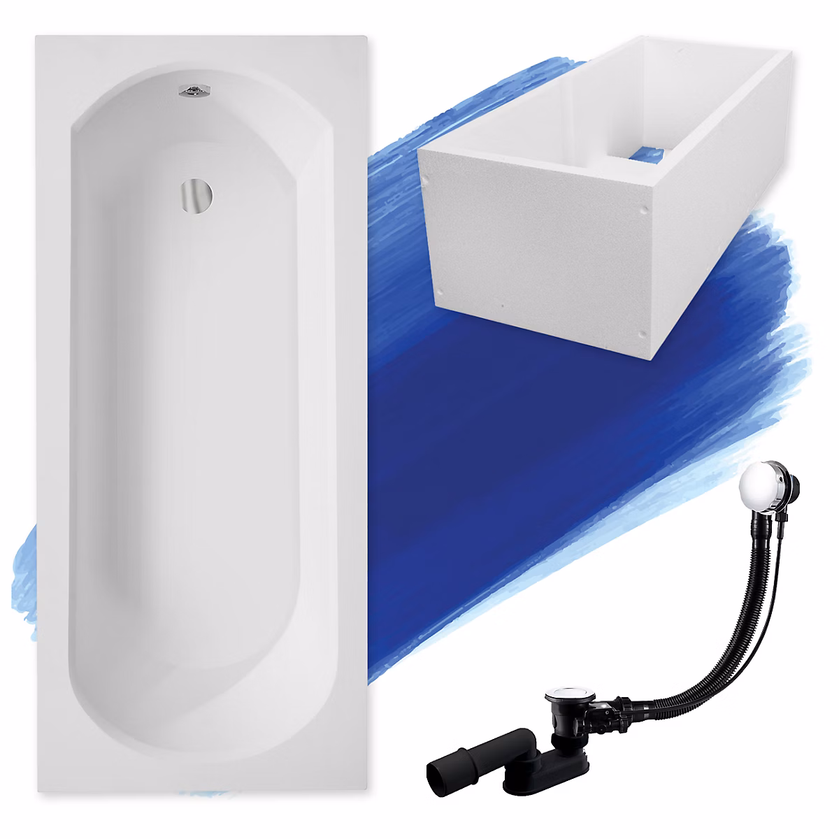 Baignoire rectangulaire 170 × 75 INTRICA acrylique blanc + Support stabilisateur en polystyrène + Pieds + Vidage à chromé