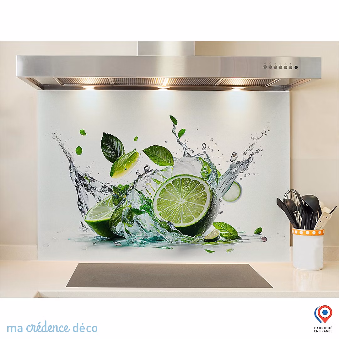 Crédence cuisine fond de hotte Citrons verts et menthe – Verre trempé, L 70 cm x H 60 cm, MaCrédenceDéco