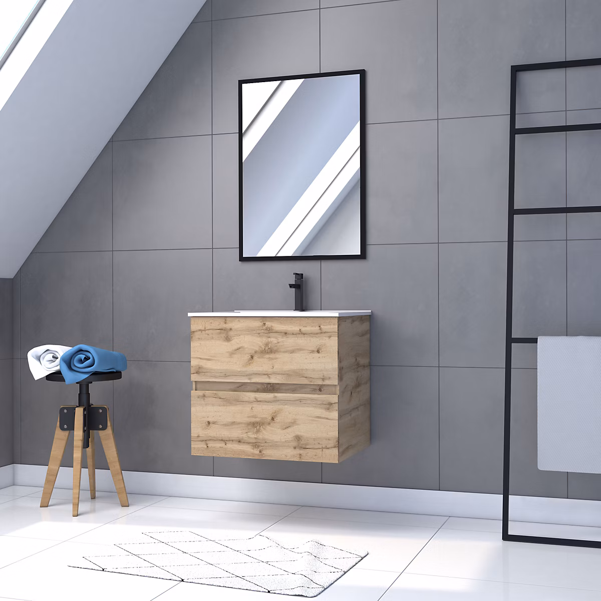 Meuble sous vasque suspendu 60 cm effet chêne industriel avec plan vasque blanc et miroir – Galedo Timber
