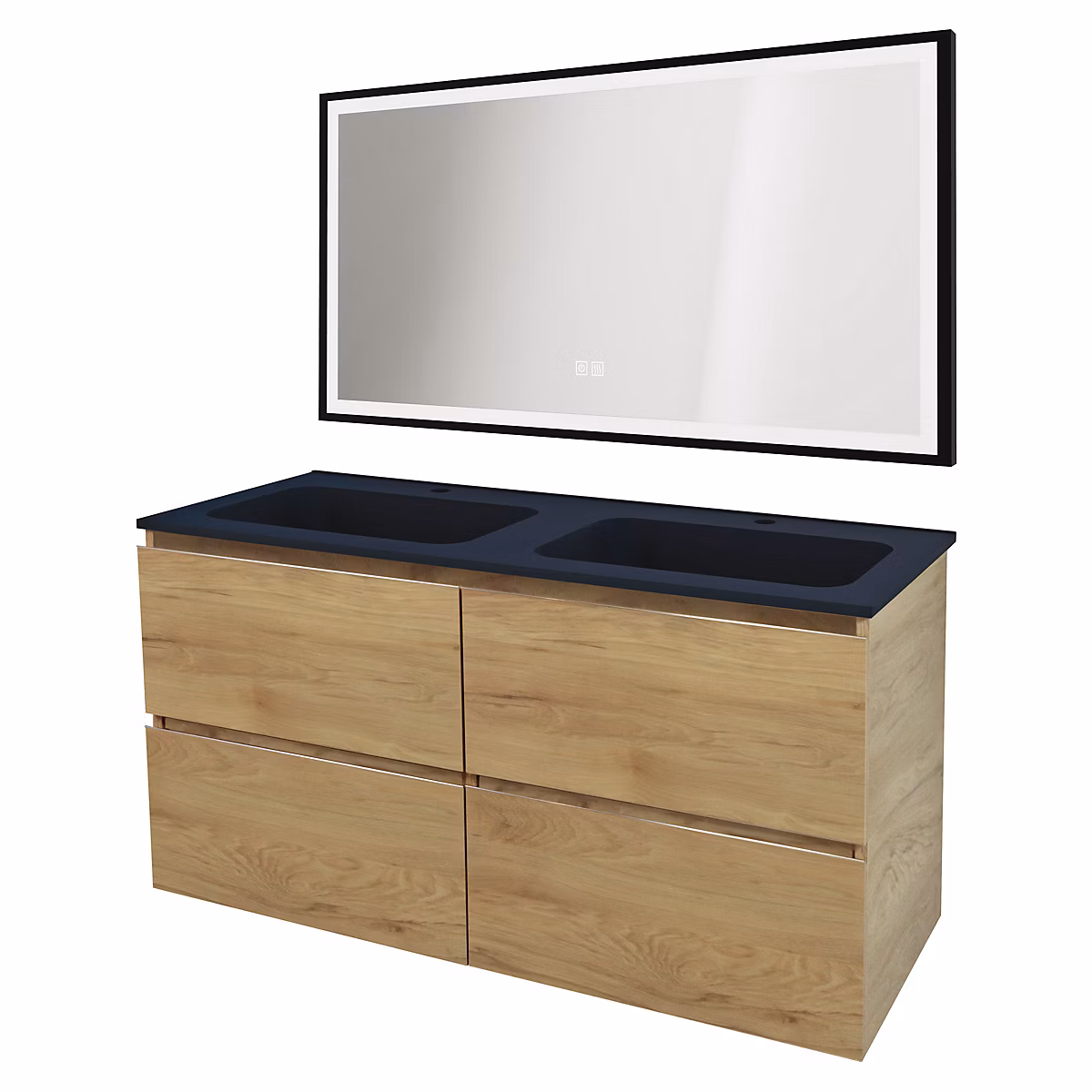 Meuble sous vasque suspendu 120 cm effet bois avec plan double vasque noir et miroir – Ondee Trendy