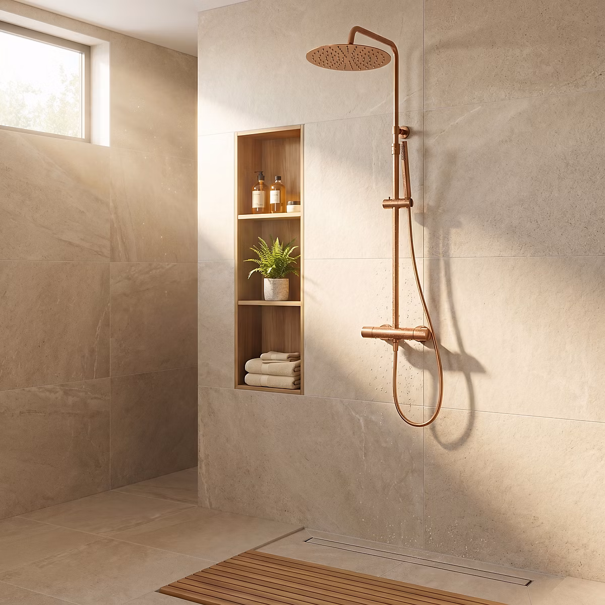 Colonne de douche thermostatique avec pommeau + douchette 1 jet + flexible – cuivré, Essebagno Lollipop