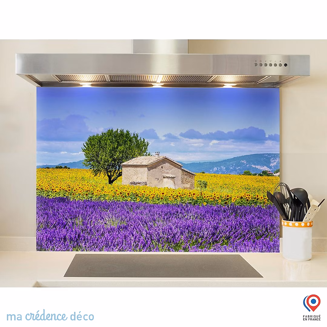 Crédence cuisine fond de hotte Lavandes et tournesols | Verre trempé – L 70 cm x H 60 cm – MaCrédenceDéco