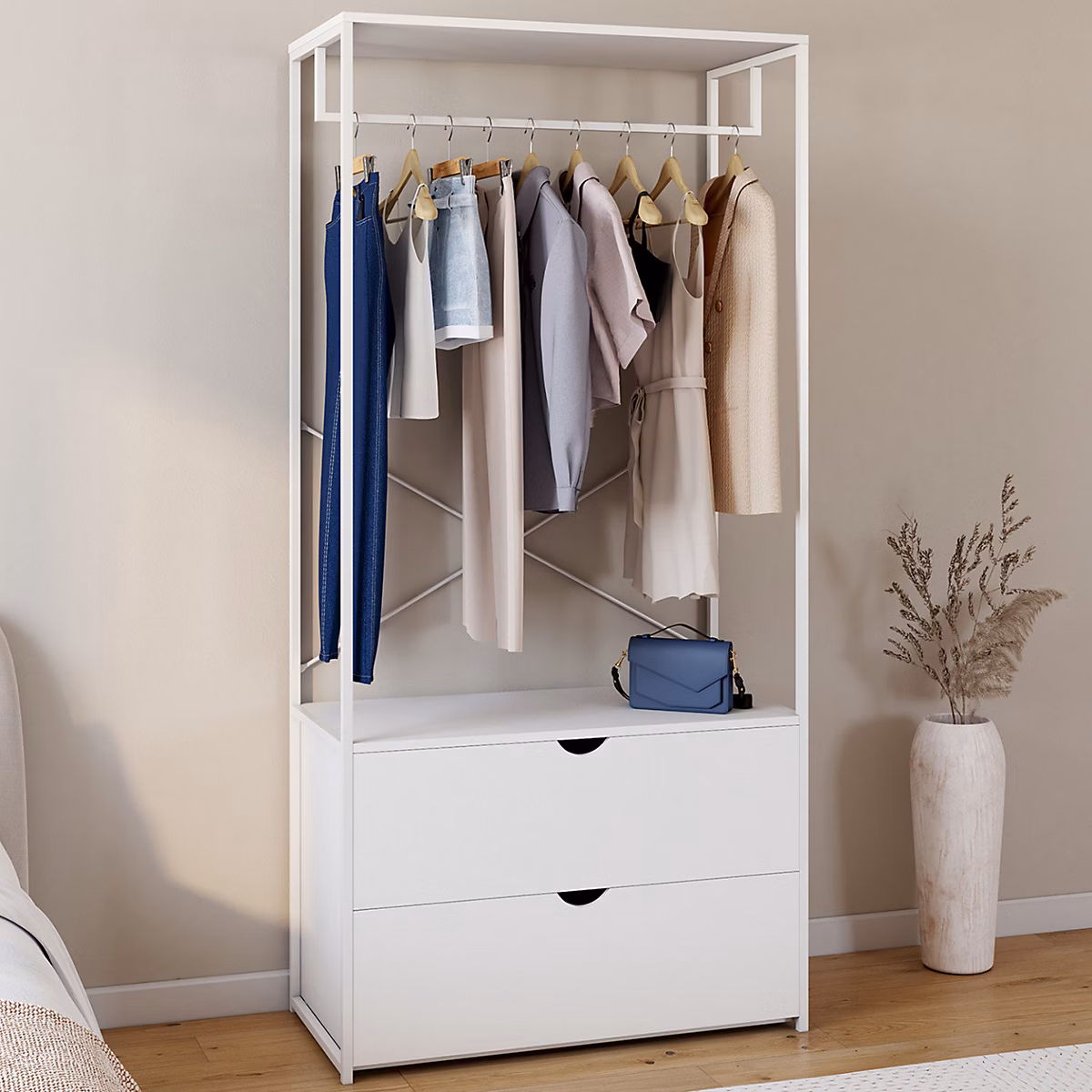 Dressing penderie 2 tiroirs L. 80 cm BROOKLYN bois blanc et métal blanc – Réf. PBZRYAKOI3176480996