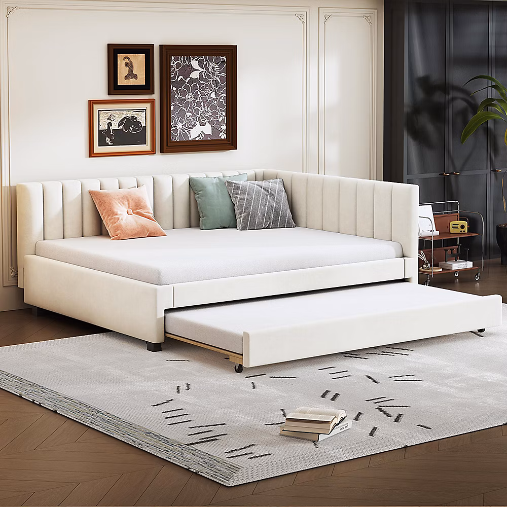 Canapé-lit extensible – 140 × 200cm,velours beige,sommier lattes