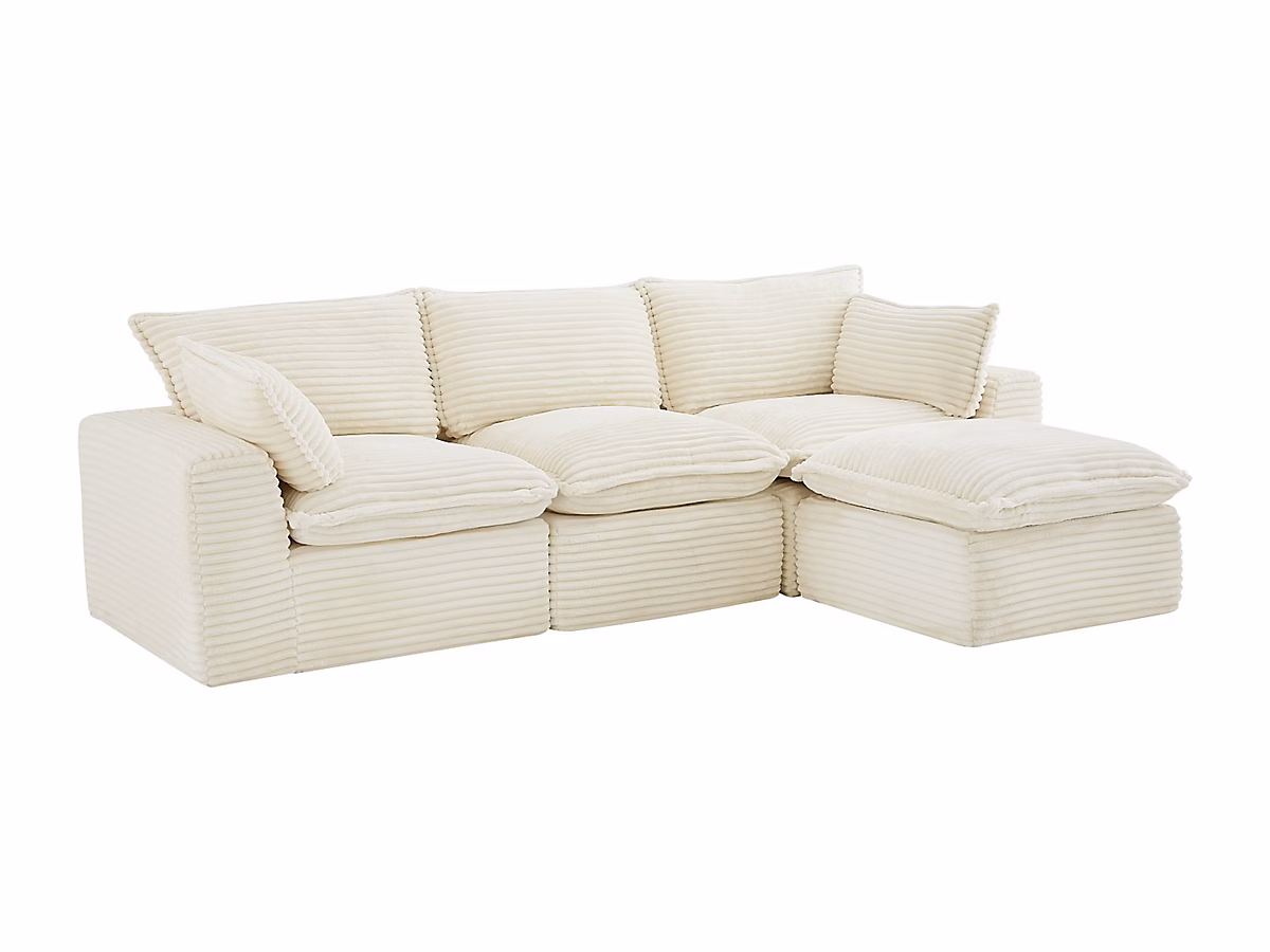 Canapé d'angle modulable compressé avec pouf en velours côtelé grosses côtes beige CYROMA – Réf. HSRRQWACO7611568748
