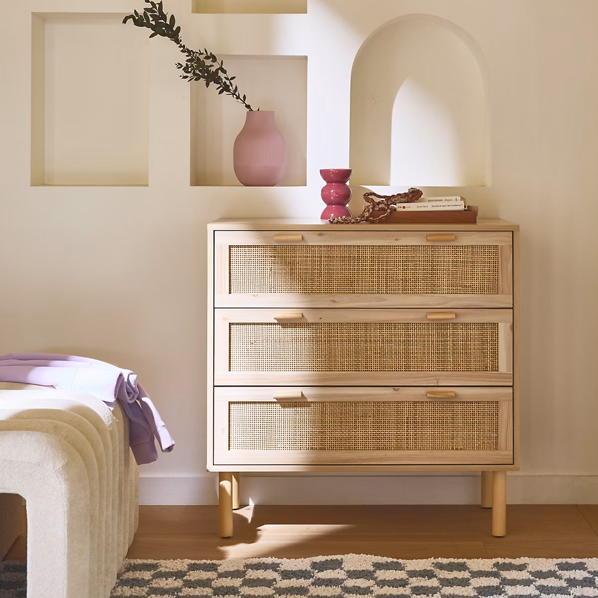 Commode 3 tiroirs cannage et décor bois CAMARGUE L 80 x P 40 x H 80cm – Réf. EEQNSHFKB3246653502