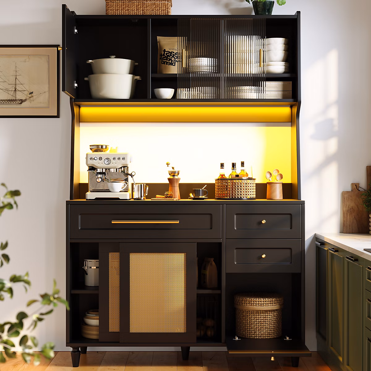 Buffet haut noir avec LED – portes en rotin PE et 3 tiroirs