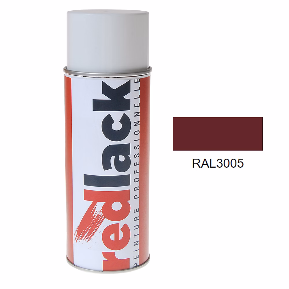 Bombe de peinture Aérosol – spray, 400ml, RAL 3005 Rouge vin, Brillant, multisupport, Redlack, RAL3005