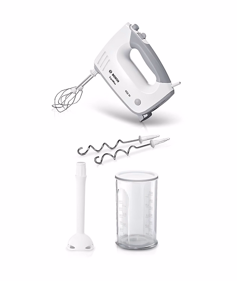 Batteur Bosch – MFQ36440, 450 W, 5 vitesses, 2 fouets / 2 crochets pétrisseurs inox, Bol gradué avec couvercle, Blanc / G