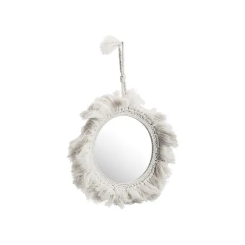 Essentiel au jardin:Miroir rond à décor pompons beige en verre acrylique et bois - Ø 30 cm