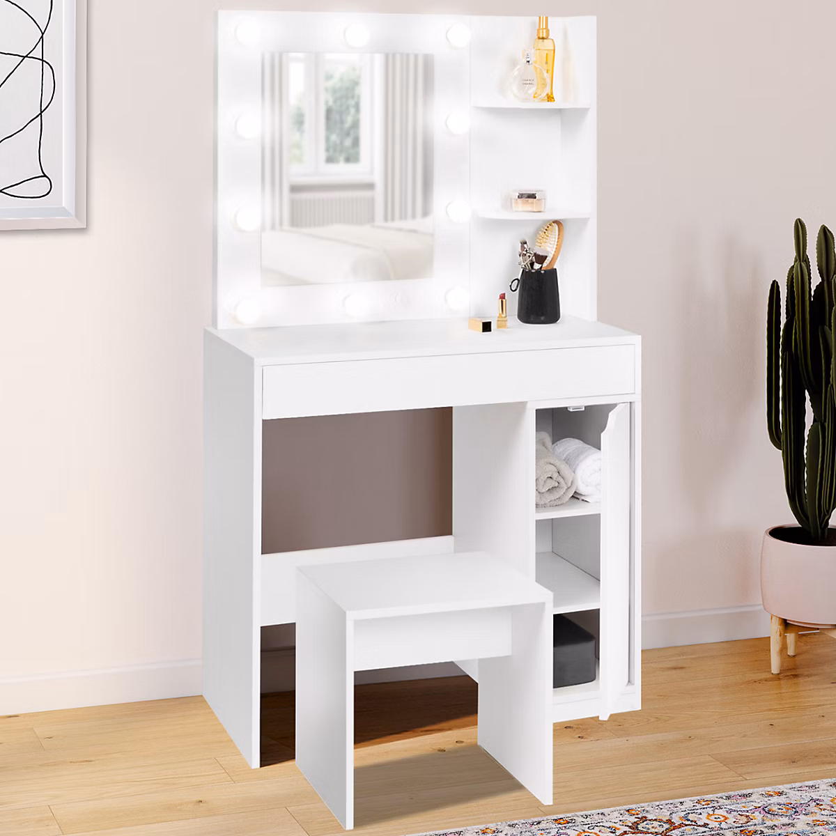 Coiffeuse ZELIA miroir LED avec 1 tiroir | étagères – caisson de rangement et tabouret