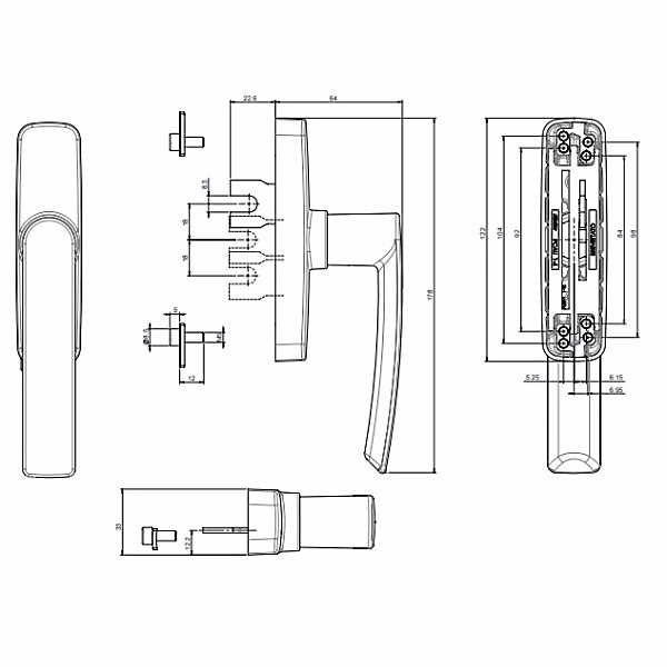 Crémone ajustable à une fourche pour menuiserie aluminium – Noir, entraxes 84/92/98/104 mm, 0530BI-37