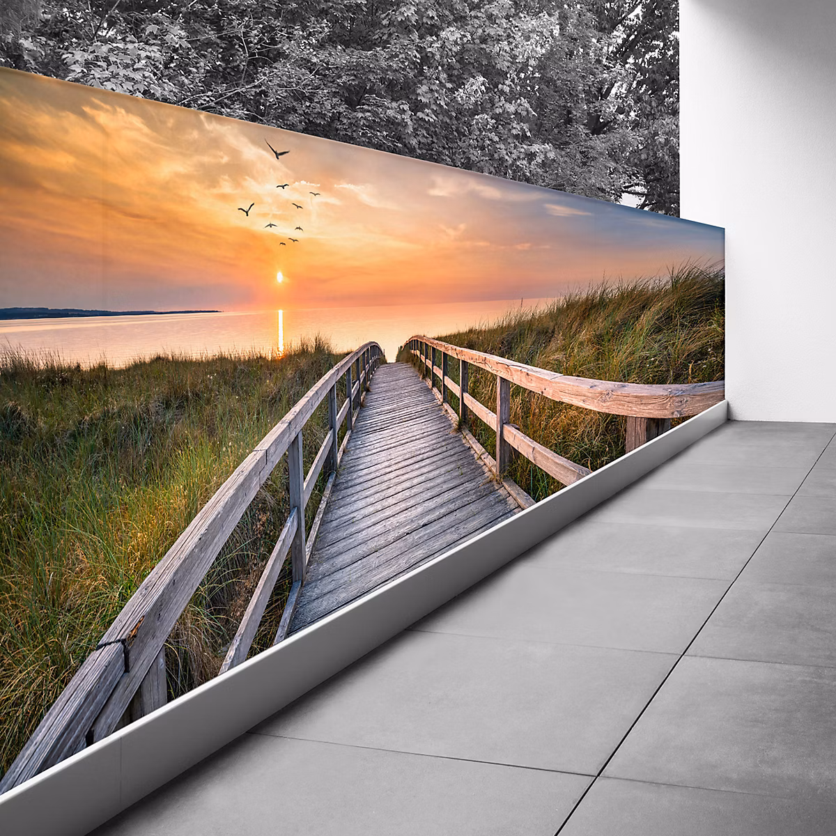 Brise vue Trompe l'oeil – 100 × 277 cm | Ponton couché de soleil 3617689696386