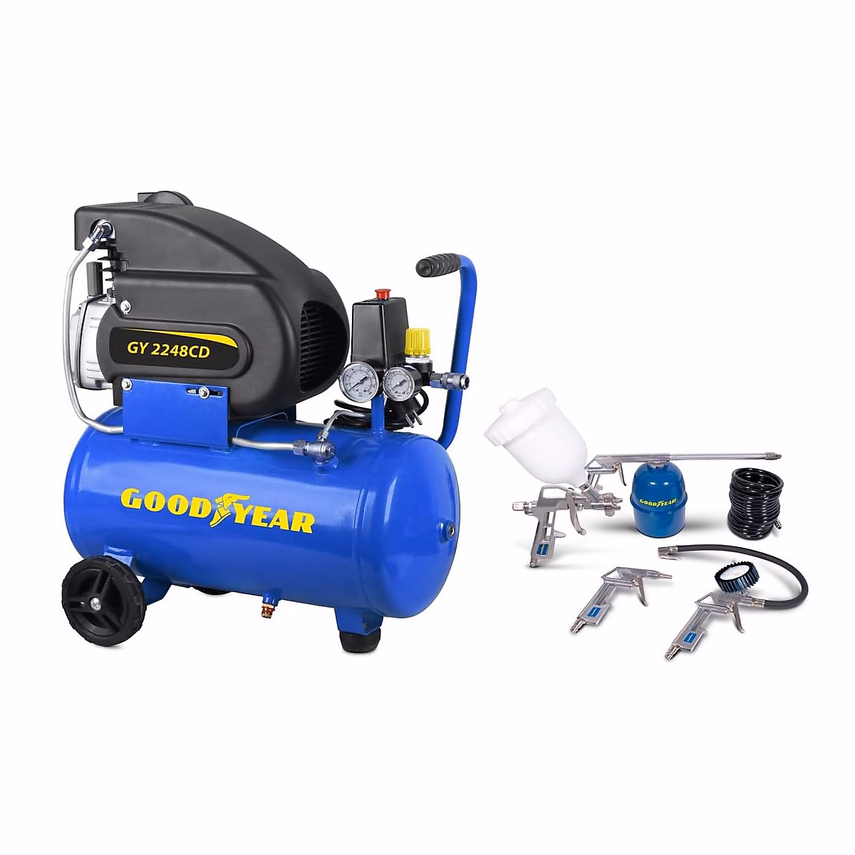 Compresseur et accessoire – Compresseur d'air Silencieux 24 Litres 8 bar 2CV 1.5KW 115 PSI + Kit Air comprimé 5 Pièces GOODYEAR
