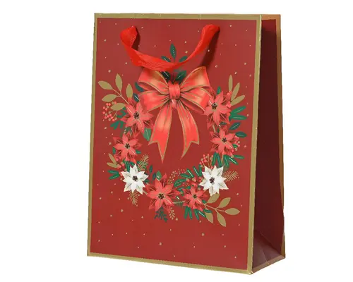 Pour mieux aménager vos extérieurs:Sac cadeau en papier métallisé rouge décor couronne et nœud petit modèle - 8 x 18 x 24 cm