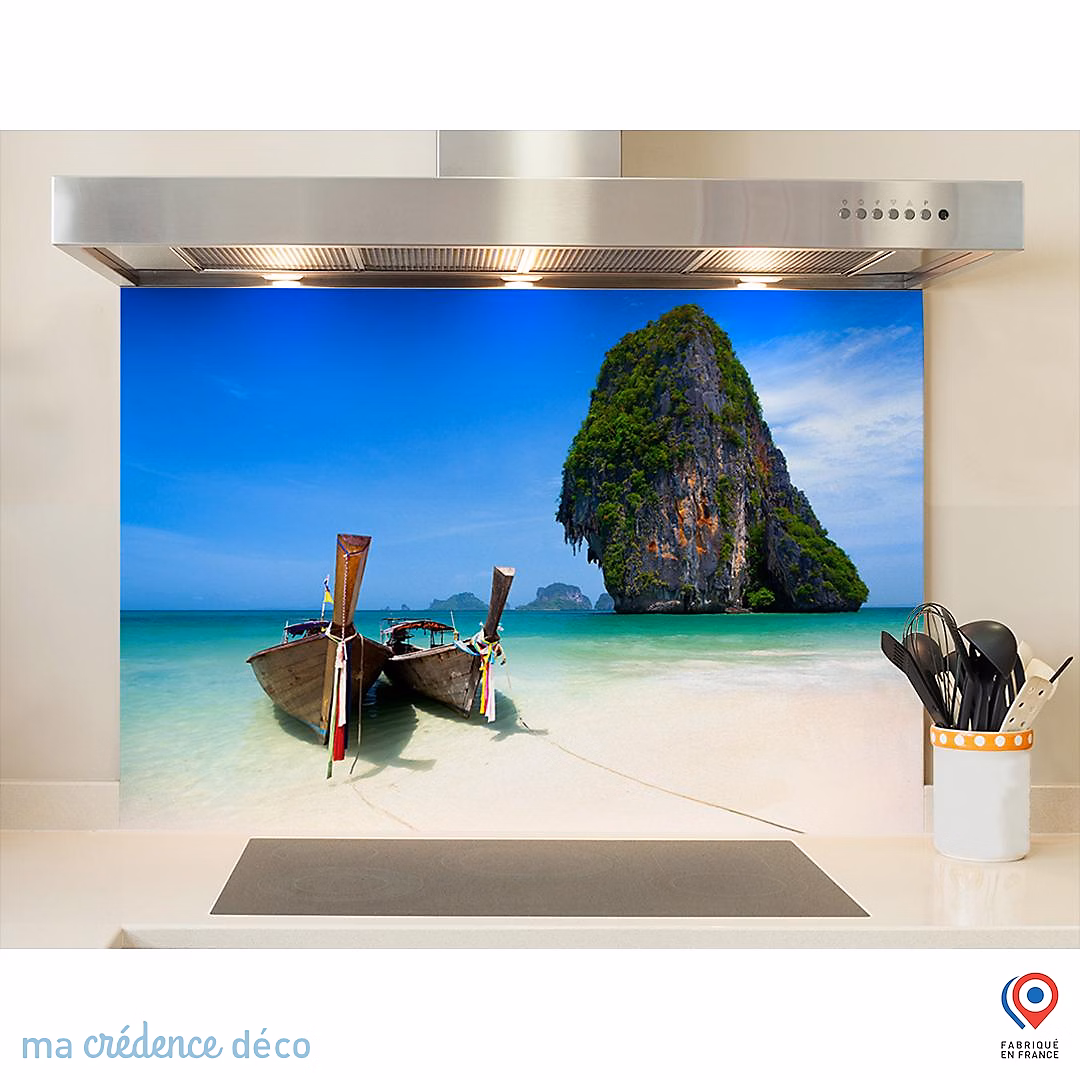 Crédence cuisine fond de hotte Rairay beach Thailande – Verre trempé, L 90 cm x H 60 cm, MaCrédenceDéco