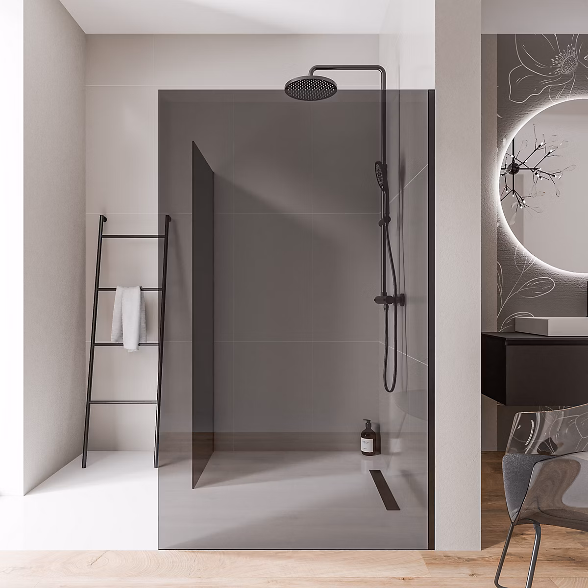 2 Parois de douche italienne d'angle 90 × 200cm + 90cm | verre fumé NANO 10mm – profilé mural inox noir mat – sans profilé sol – EX102