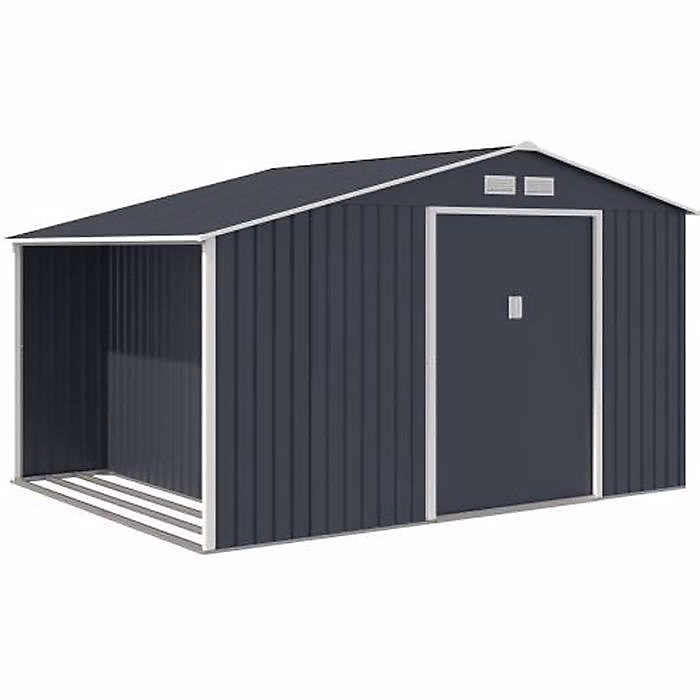 Abri de jardin en métal et abri bûches 8 – 72 m, 342 x 255 x 202, NOVA, Kit d'ancrage inclus, 2 portes coulissantes, Gris