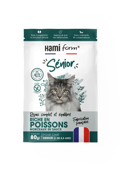 Utile pour l’extérieur:Alimentation complète pour chat senior de + 8,5 ans poisson HamiForm - pochon de 80 g