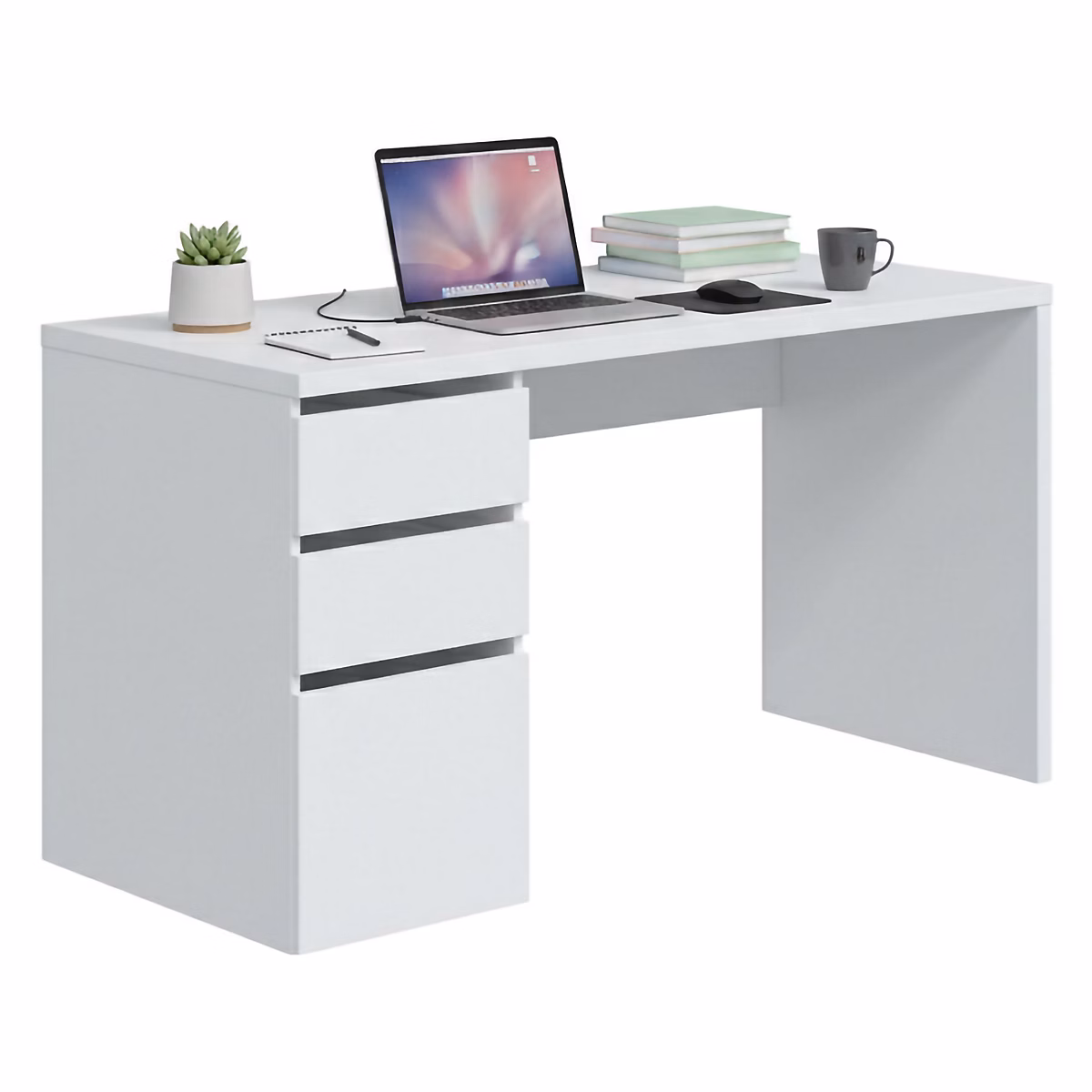 Bureau Reedsport | Bureau réversible avec 3 tiroirs – Table de bureau multi – positions gain de place – 138x60h74 cm – Blanc