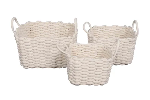 Pour la maison et l’extérieur：Panier carré tricoté avec poignées coloris blanc en polyester - 30 x 30 x 19 cm