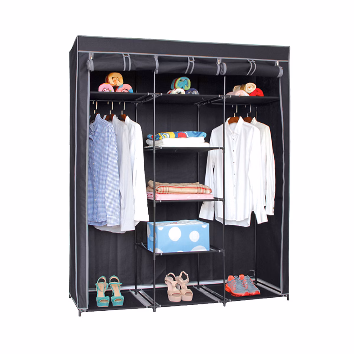 Armoire de rangement penderie dressing en toile coloris noir – Longueur 150 x profondeur 45 x Hauteur 172 cm.