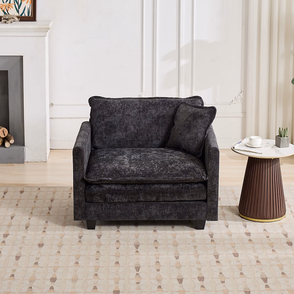 Canapé 1 place modulaire en tissu chenille noir – assise double couche en mousse et dossier ergonomique