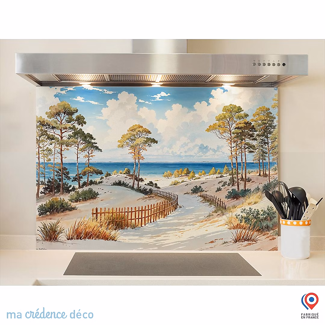 Crédence cuisine fond de hotte Dune – Arbres et mer, Sud ouest, Aquarelle 2, Verre trempé, L 90 cm x H 50 cm, MaCrédenceDéco