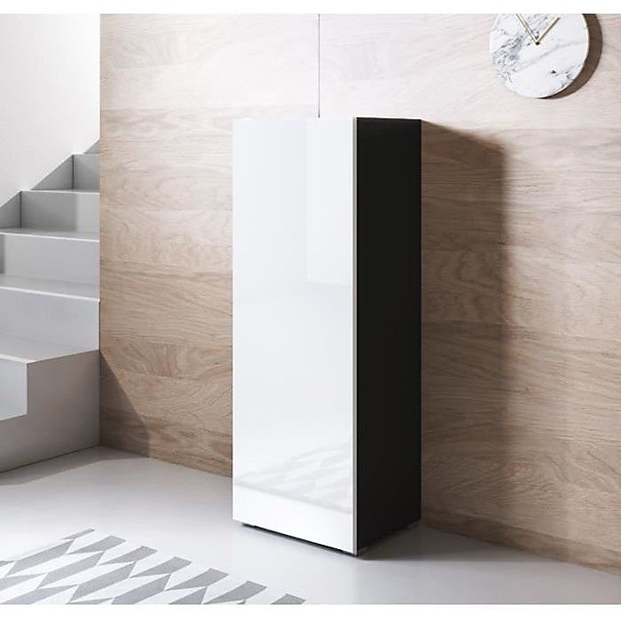 Armoire verticale contemporaine – Noir/Blanc | Mélamine brillante | 1 porte | 3 compartiments | 40 × 29 × 128 cm