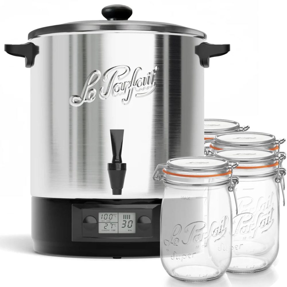 Le parfait Stérilisateur de bocaux électrique cuve inox avec robinet 23l 2500w + 4 bocaux de 1l - lpf.stv23ina