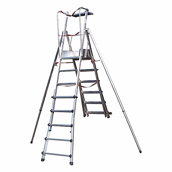 Escabeau PIRL télescopique en aluminium avec bac porte-outils – 5+6 marches, Hauteur de travail max 4.49m, SCA1980/10